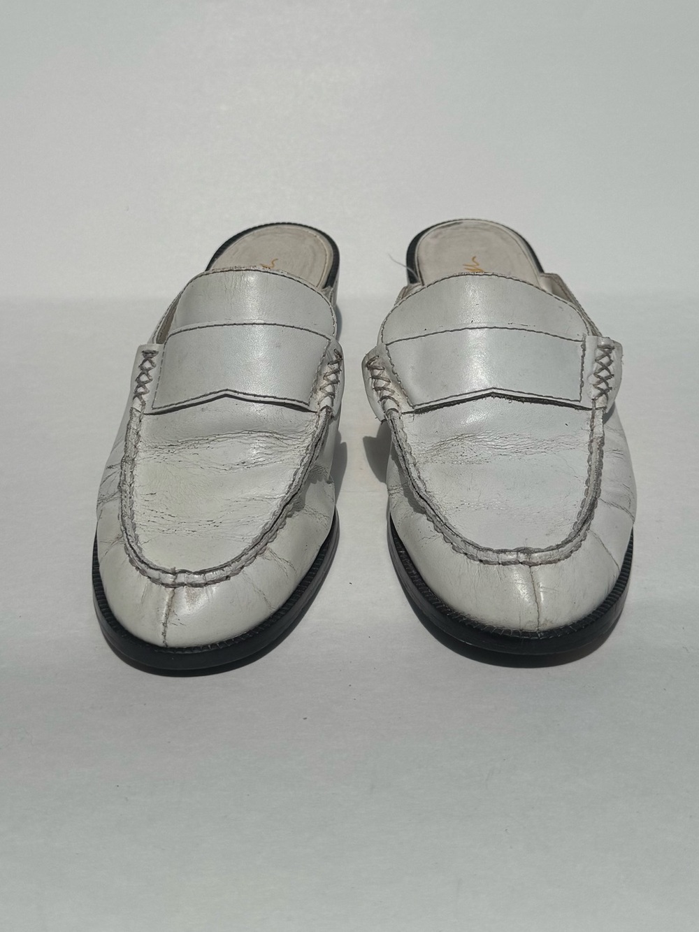 Vintage 90 White Loafer Block Heel Mules.